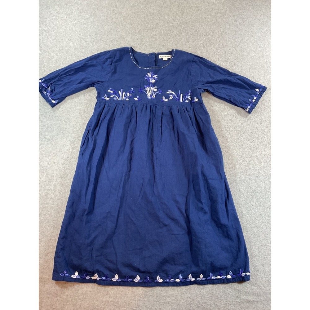 Roller Rabbit Girls Blue Embroidered Dress Size 10 Floral Boho Pockets #682